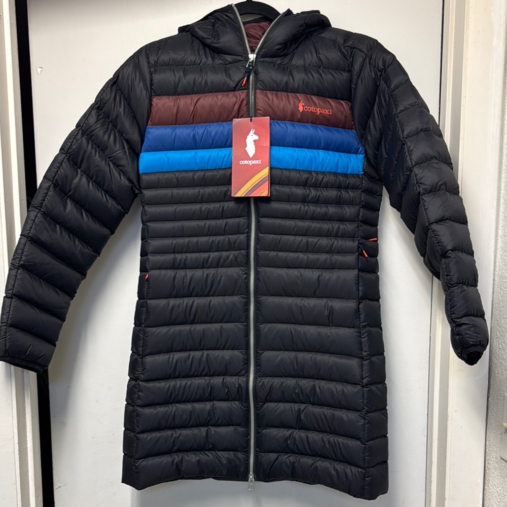 Cotopaxi Black Puffer Coat with Blue and Brown Accents